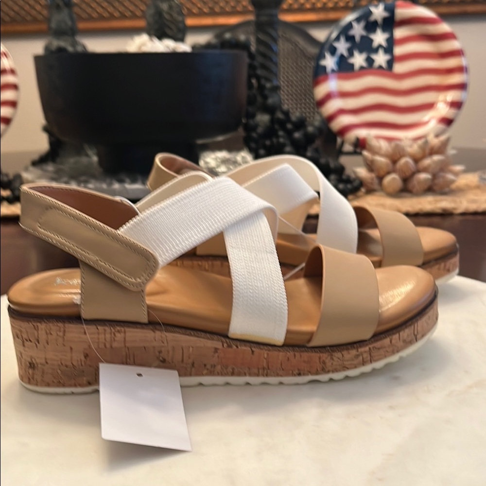 New Kenzie White and Tan Women's Cork Wedge Sandals - Picture 3 of 4
